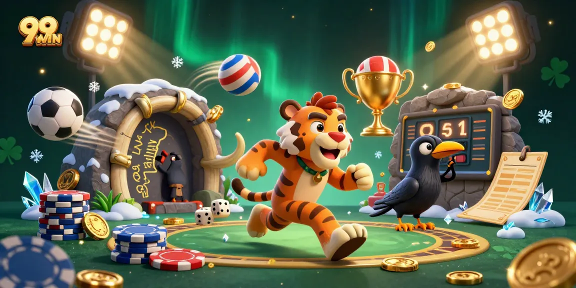 Experience thrilling gameplay at 99WIN with vibrant illustrations of casino activities and games.