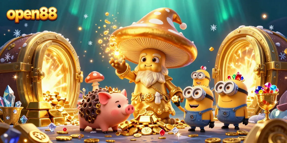 Discover excitement with open88's enchanting casino-themed 3D illustration featuring a wizard and treasures.