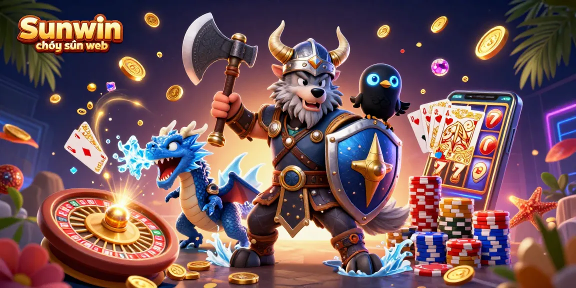 Experience the thrill with Sunwin chơi trên web featuring a Viking warrior, dragon, and vibrant casino elements.