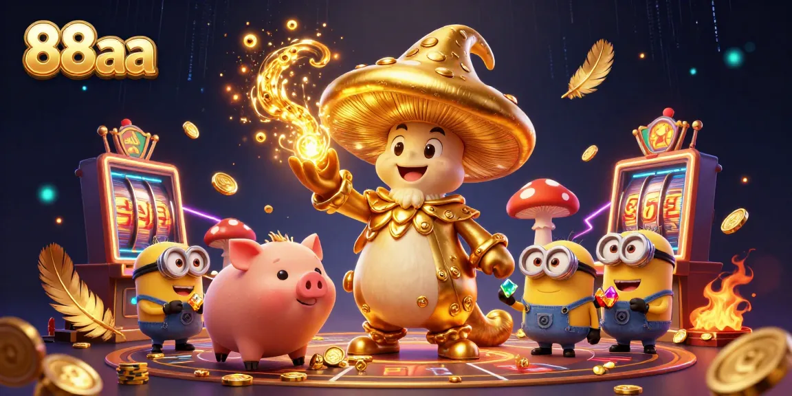 Experience casino excitement with the magical 88aa golden mushroom wizard illustration featuring treasure elements.