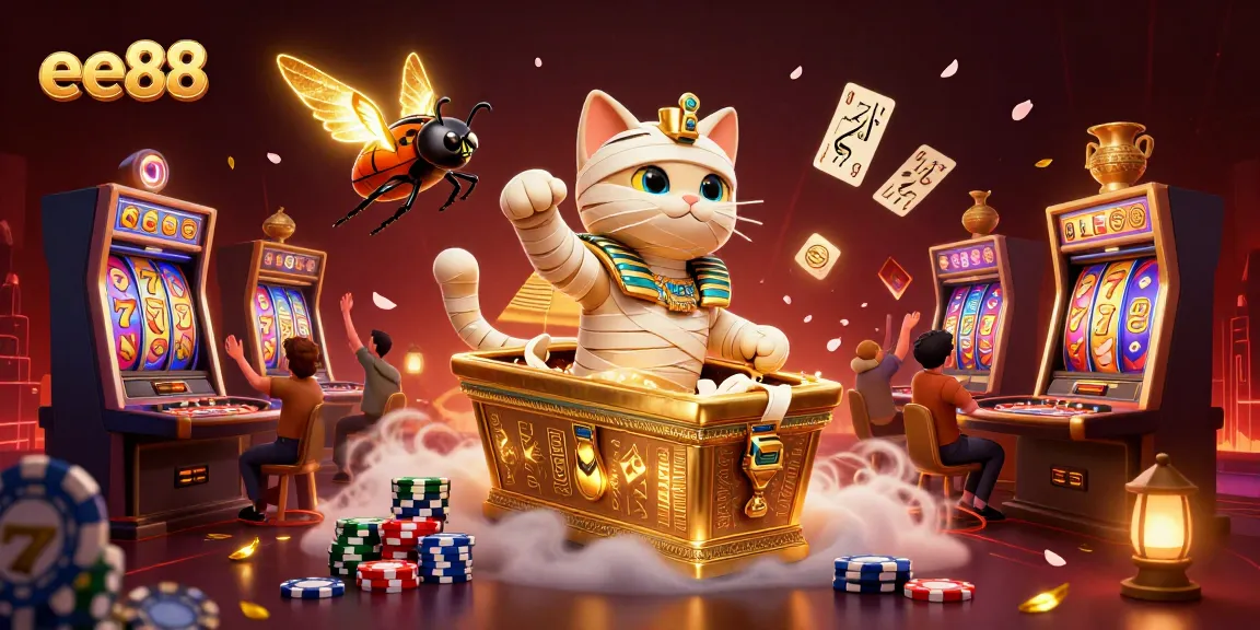 Experience the thrills of ee88 with a vibrant casino scene featuring a mummy cat and games.