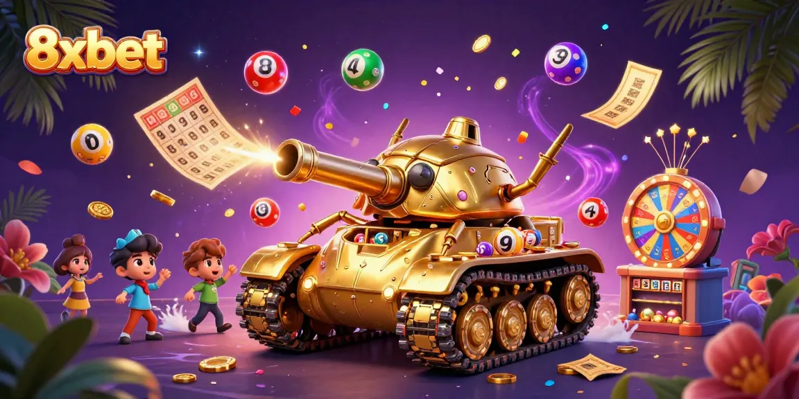 Experience the vibrant gaming world of 8xbet with dynamic lottery elements and a colorful casino tank.
