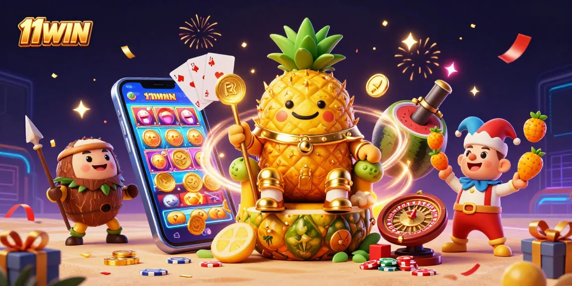 Experience exciting gameplay with 11WIN's vibrant casino-themed illustration featuring dynamic slot elements.