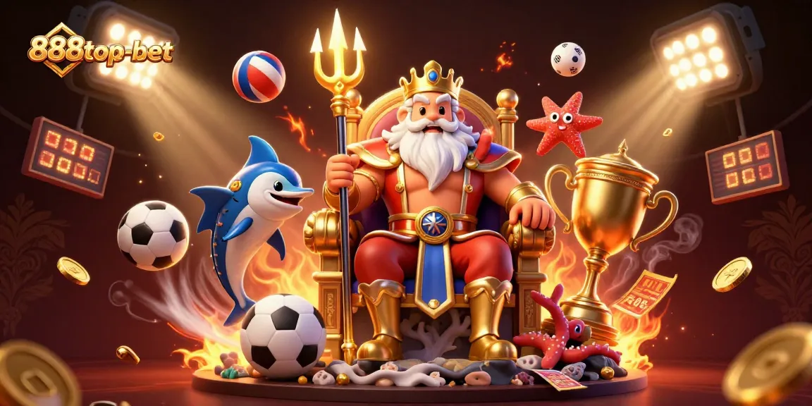 Bet and win with 888top-bet in a vibrant 3D casino scene featuring Neptune and gaming elements.
