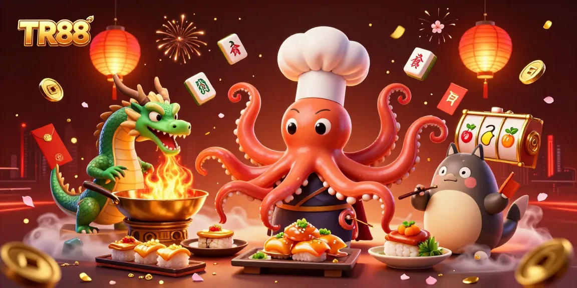 Experience TR88's vibrant gaming scene with an octopus chef and dragon amidst festive casino elements.