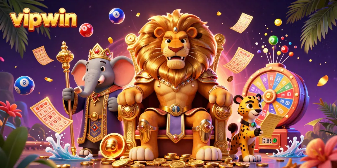 Experience the excitement of vipwin with a vibrant 3D casino scene featuring a lion king amidst games and golden rewards.