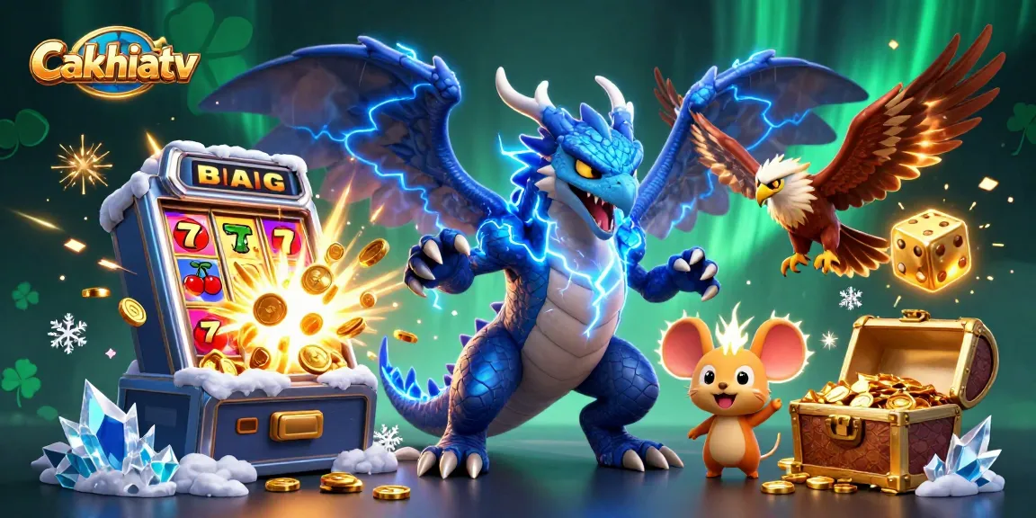 Cakhiatv showcases an exciting scene with gaming characters amid a jackpot explosion of coins and casino elements.
