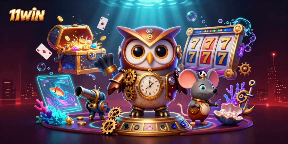 Experience thrilling gameplay with a vibrant 3D illustration of 11WIN featuring time-traveling characters.